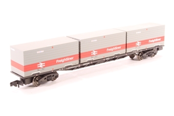 63ft Bogie Wagon B6020637 with three 20ft containers Container A) Number 08L46 Container B) Number 22L37, Container C) Number 05B17 in Freightliner Red & Grey livery