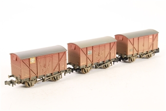Set of 3 12 Ton BR Vent Vans in BR Bauxite (Early) Liveries with Advertising Logos, Wagon A) Planked Vent Van B755822 with 'ICI Fertilizer' Logo, Wagon B) Plywood Vent Van B765001 with 'Biscuits from Carrs of Carlisle' Logo, Wagon C) Planked Vent Van B760065 with 'Portland Blue Circle Cement' Logo - Limited Edition for Modelzone 