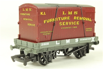 1 plank wagon in LMS grey livery 219215 with LMS Furniture Removal Service container