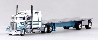 Kenworth W-900 with Spread Axle 48' Flatbed Trailer, White/Turquiose
