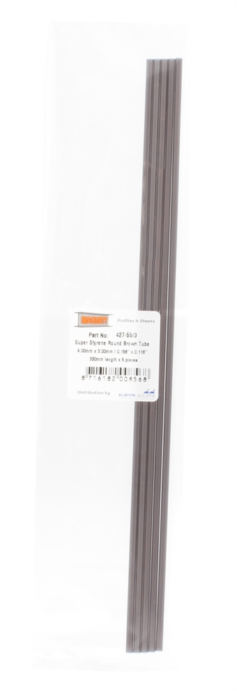 Super Styrene Round Brown Tube  3.00mm x 2.00mm / 0.118"x 0.080" x 330mm / 13" - Pack of 5