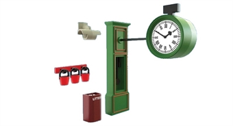 Steam-era station accessories - clock, fire buckets, bin and tannoy speaker