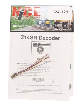 4-function 1A (1.25A peak) Z14SR small wired decoder (Size: 0.34" x 0.56" x 0.125")