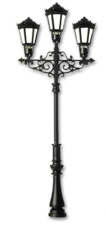 Ornate three lamp bracketed lampost