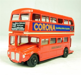 Routemaster bus in "London Transport" red with "Corona" Ad.