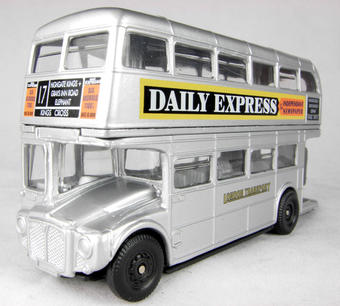 Routemaster d/deck bus in "London Transport" silver livery with "Daily Express" advert