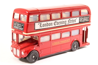 Routemaster d/deck bus in "London Transport" red livery with "London Evening News" advert