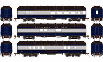 60' Arch Roof passenger car set with RPO, Baggage & Combine #80, 763, 522 in Baltimore & Ohio Blue & Gray
