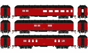 60' Arch Roof passenger car set with RPO, Baggage & Combine #3407, 4259, 3250 in Canadian Pacific Maroon