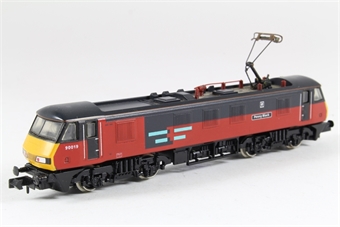 Class 90 90019 'Penny Black' in Rail Express Systems red/black