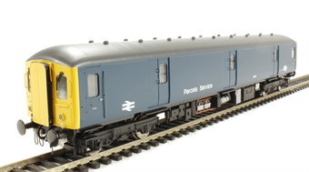 Class 128 parcels DMU 55991 in BR blue with yellow ends with "Parcels Service" branding