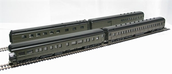 American painted Pullman green coach set containing coach, combine, diner and observation car