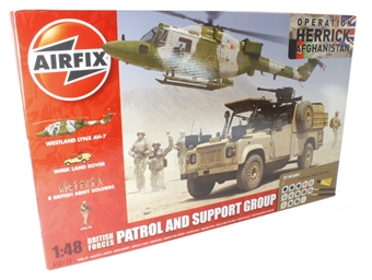British Forces - Patrol and Support Group including Westland Lynx AH-7, Landrover and 8 figures in various poses.
