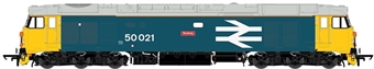 Class 50 50021 'Rodney' in BR large logo blue with grey roof & orange cantrail stripe