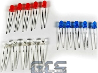 Blue, Red, White LEDs - pack of 15