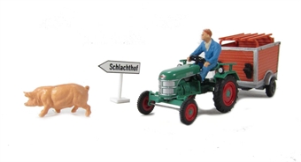 Tractor & trailer with pig and roadsign HO scale