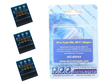 6 function DCC 21-pin to 8-pin adaptor/converter - Pack of 3 - allows use of an 8 pin decoder in a locomotive with a 21-pin socket - alternative to Bachmann 36-559