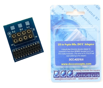 6 function DCC 21-pin to 8-pin adaptor/converter - allows use of an 8 pin decoder in a locomotive with a 21-pin socket - alternative to Bachmann 36-559