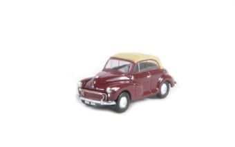 Morris Minor Convertible in maroon with hood up