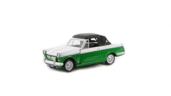 Triumph Herald 12/50 convertible in green and white, hood up with opening bonnet