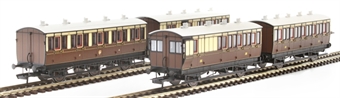 Pack of 4 coaches (4BT, 4T, 6C123, 6BT) in GWR chocolate and cream - with working lighting