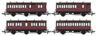 Pack of 4 coaches (4BT, 4T, 6CL, 6BT) in Midland Railway Crimson Lake - with working lighting