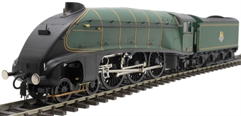 Class A4 4-6-2 unnumbered with single chimney and streamlined corridor tender in BR green with early emblem 1952-1958