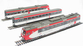 Class RBDe 566080 3 car EMU of the Swiss Sudostbahn in red & grey livery
