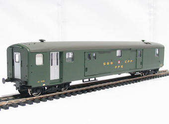 Light steel baggage coach of the Swiss SBB in green livery Epoch III