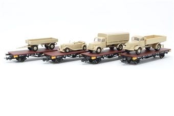 4-Piece Military Flat Car Set with Military Vehicle Loads