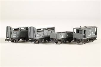 Pack of 4 x Assorted LMS Grey Wagons (2 x Cattle Wagon, 1 x 5-Plank and 1 x Brake Van) - in plain card box