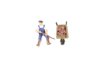 Farmer with pitchfork and wheelbarrow