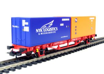 2 axle twin container wagon of the DB in "NYK Logistics" orange & blue livery