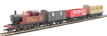 Starter steam train pack with 0-4-0 tank locomotive, 4 wheel coach and two wagons