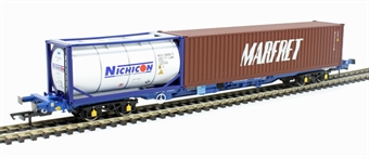 KFA container wagon in Tiphook Rail livery with "Nichicon" and "Marfret" containers