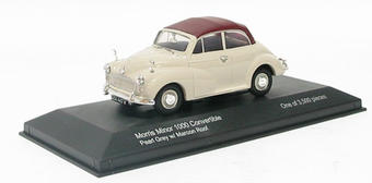Morris Minor convertible in pearl grey with maroon roof. Non limited
