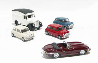 5 piece set including 3 mini's, E type Jaguar and Morris commercial van "The Italian Job"