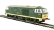 Class 35 Hymek D7100 in BR green with white cab and small yellow warning panels.