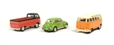 Triple VW Classic pack of 3 - 60's Beetle in green, Camper Split screen in orange and Pickup