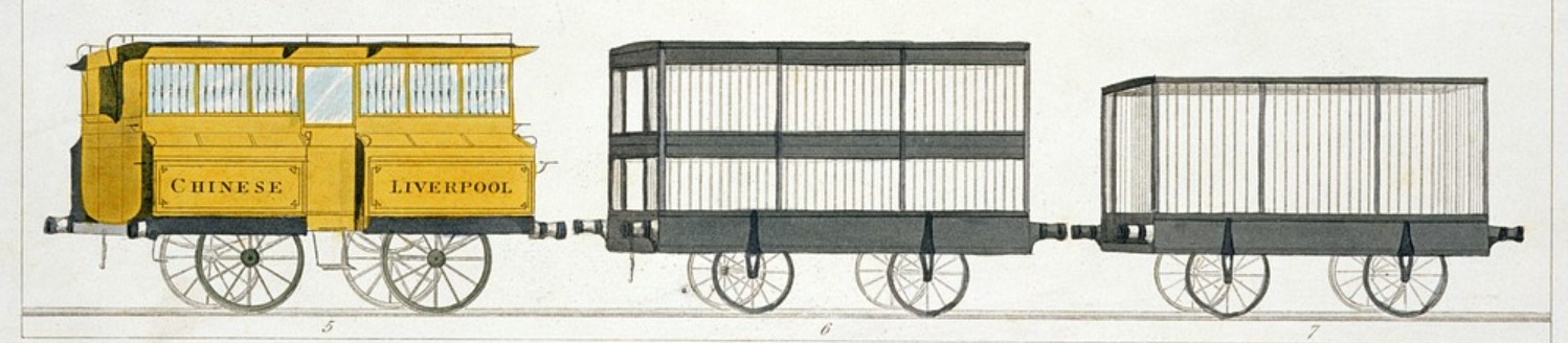 Artist's illustration of Liverpool & Manchester rolling stock from 'Coloured Views on the Liverpool & Manchester Railway' by T.T Bury. February 1831. ©Public Domain